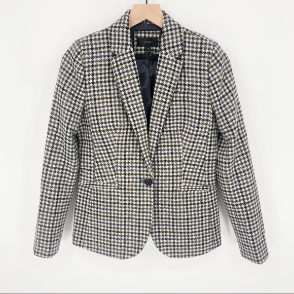 JCREW 100% Wool Houndstooth Elbow Patch Blue Brown Blazer Jacket Size 4 - Picture 1 of 11